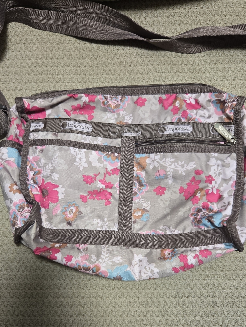 LeSportsac Taupe Floral Bag with Pink and Blue Accents